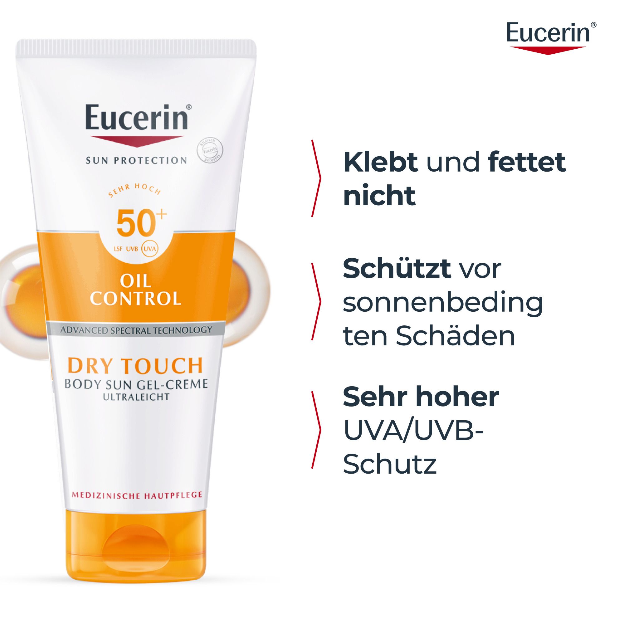 Tubo di protezione solare Eucerin. Testo: Non appiccica e non unge. Protegge dai danni solari. Protezione UVA/UVB molto alta.