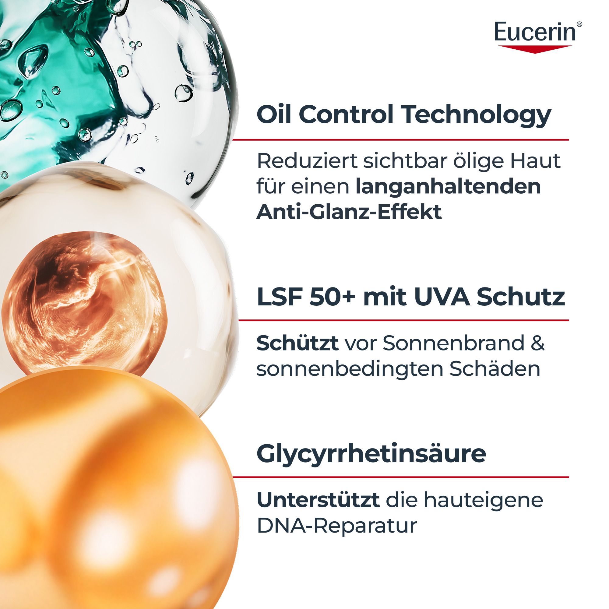 Primo piano degli ingredienti. Testo: Tecnologia Oil Control, SPF 50+ con protezione UVA, acido glicirretinico.