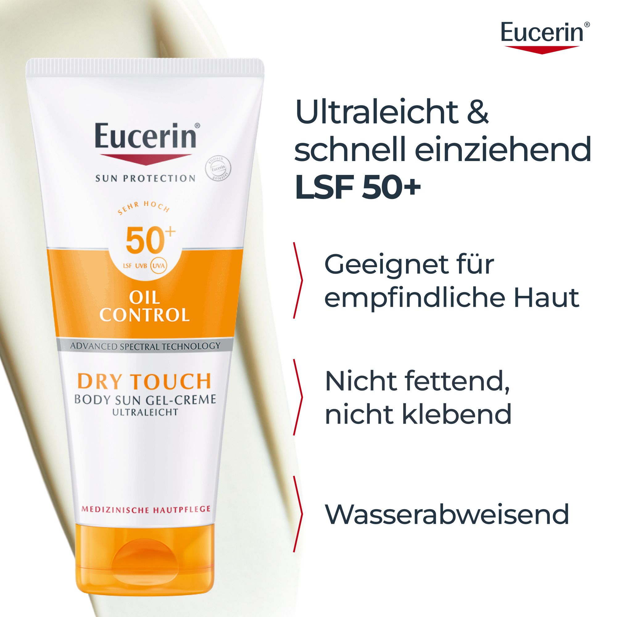 Tubo di protezione solare Eucerin. Testo: Ultraleggero e ad assorbimento rapido. SPF 50+. Adatto alle pelli sensibili. Resistente all'acqua.