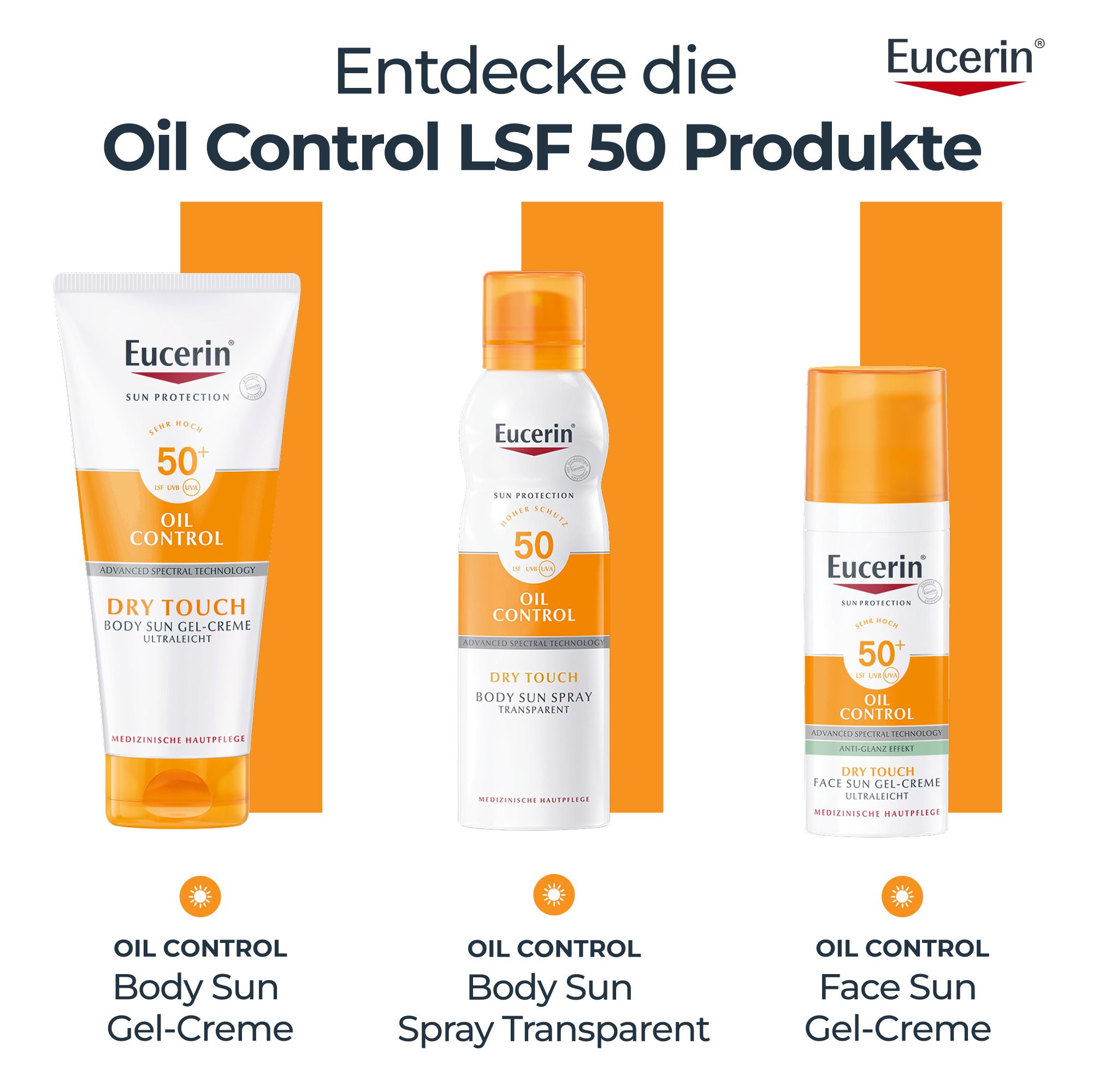 Tre prodotti Eucerin Oil Control SPF 50: Body Sun Gel-Creme, Body Sun Spray, Face Sun Gel-Creme.