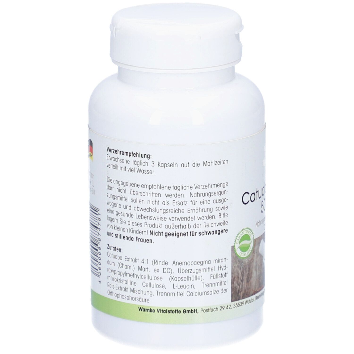 Retro del flacone bianco. Testo: Raccomandazioni, ingredienti. Prodotto in Germania. Logo.