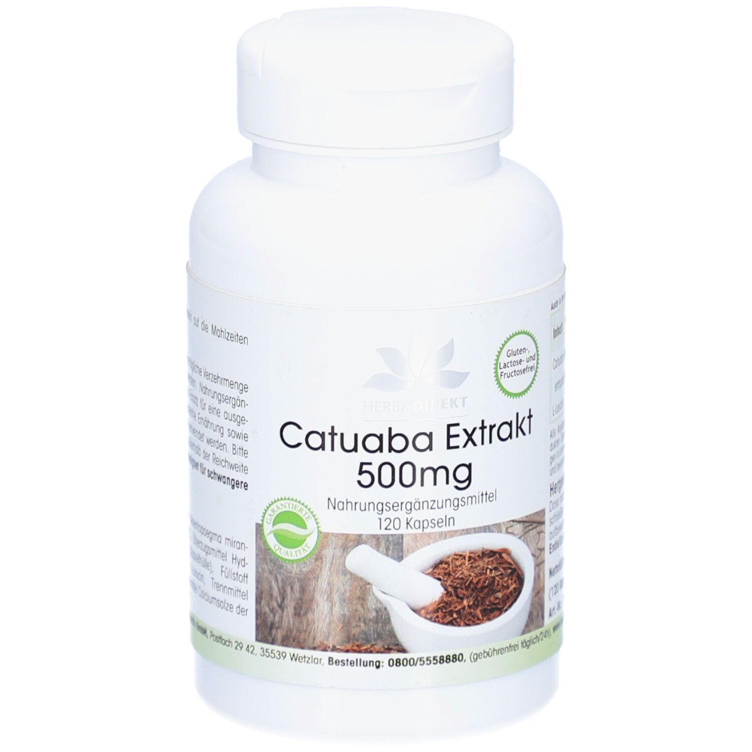 Flacone bianco con capsule. Scritta: Catuaba Extrakt 500mg, 120 capsule. Logo e sigillo.