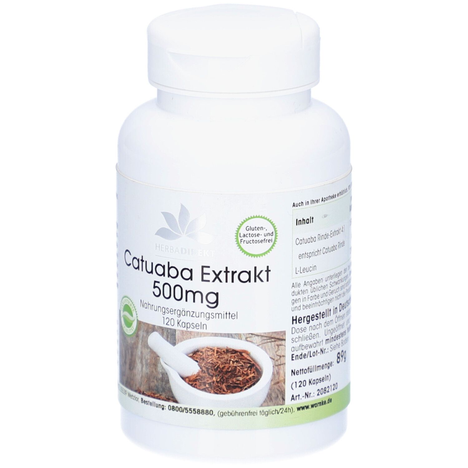Flacone bianco con capsule. Scritta: Catuaba Extrakt 500mg, 120 capsule. Logo e sigillo.