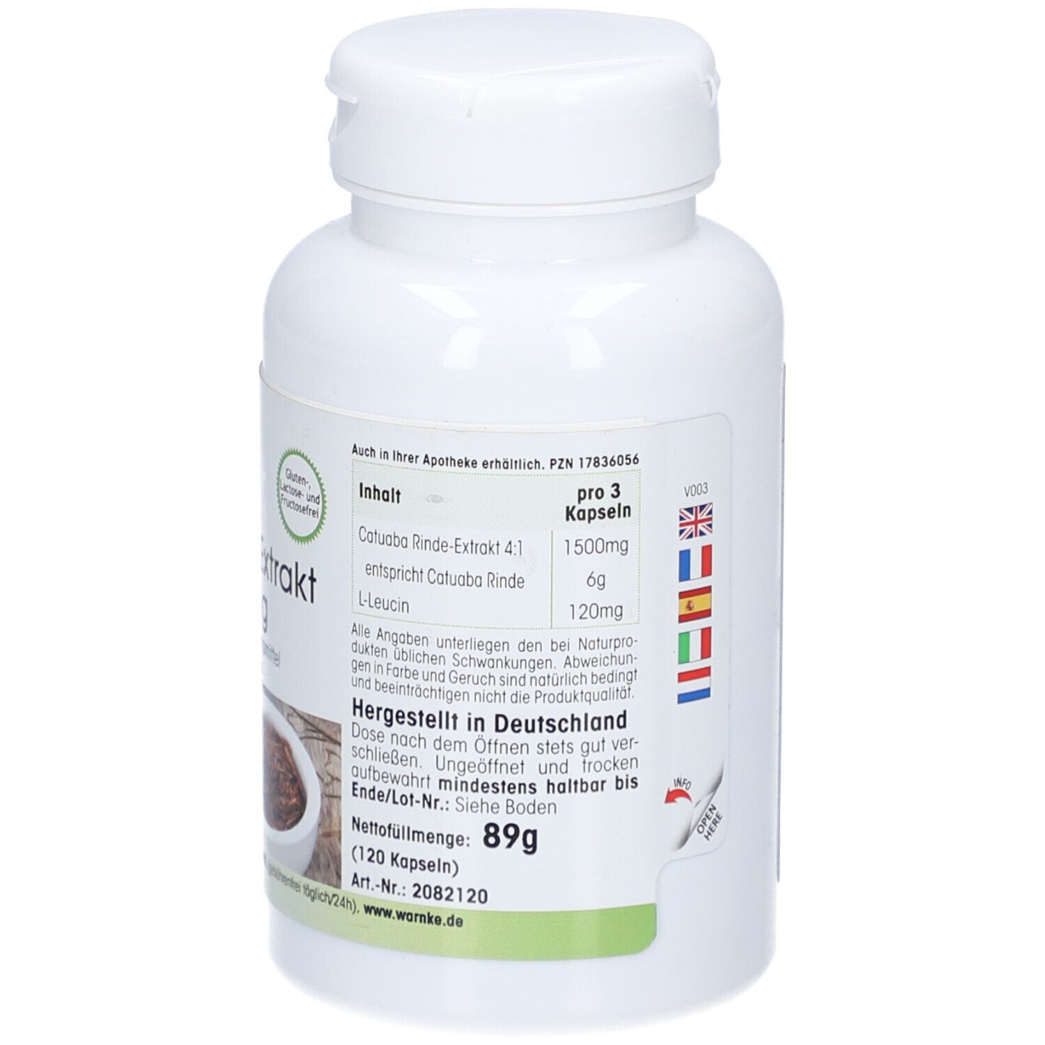 Retro del flacone bianco. Testo: Contenuto, per 3 capsule, 120mg L-Leucina. Prodotto in Germania.