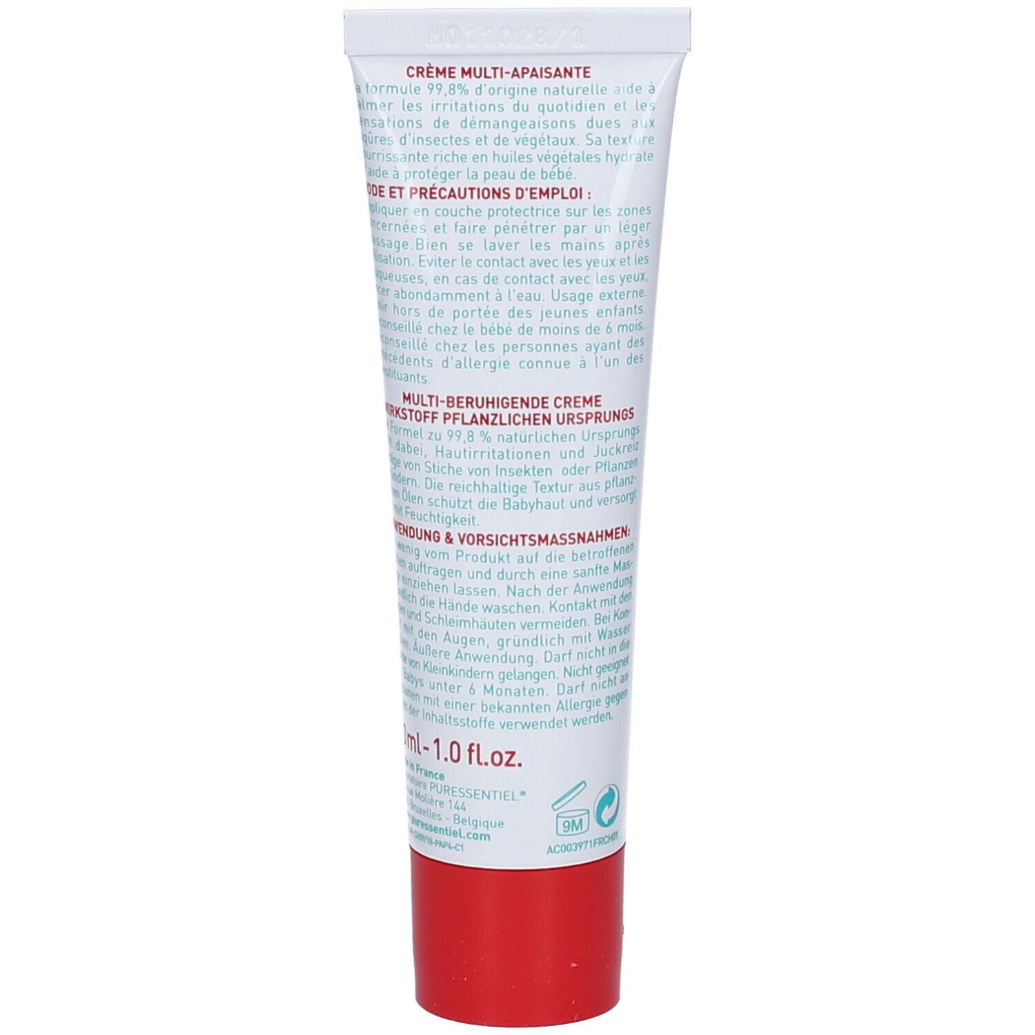 Retro del tubo di crema. Testo multilingue. Contiene informazioni sull'uso e gli ingredienti.