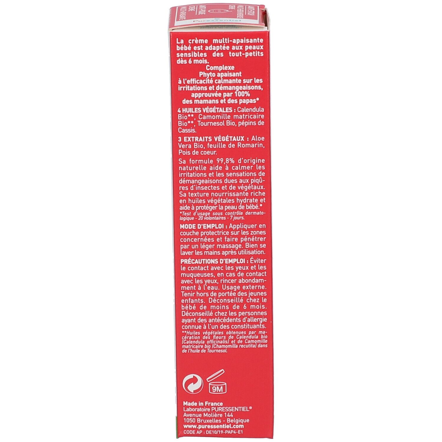 Retro della confezione in cartone. Testo multilingue. Contiene informazioni sugli ingredienti e l'uso.