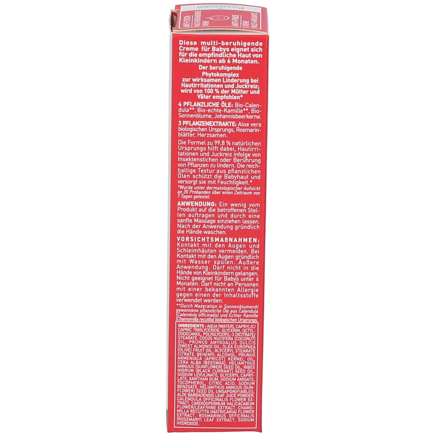 Lato della confezione in cartone. Testo multilingue. Contiene informazioni sugli ingredienti e l'uso.