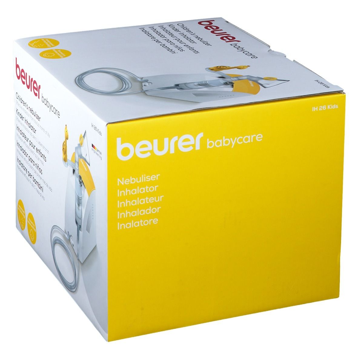 Scatola Beurer babycare. Inalatore per bambini. Testo: Nebuliser, Inhalator, Inhalateur, Inhalador, Inalatore. Nome prodotto: IH 26 Kids.