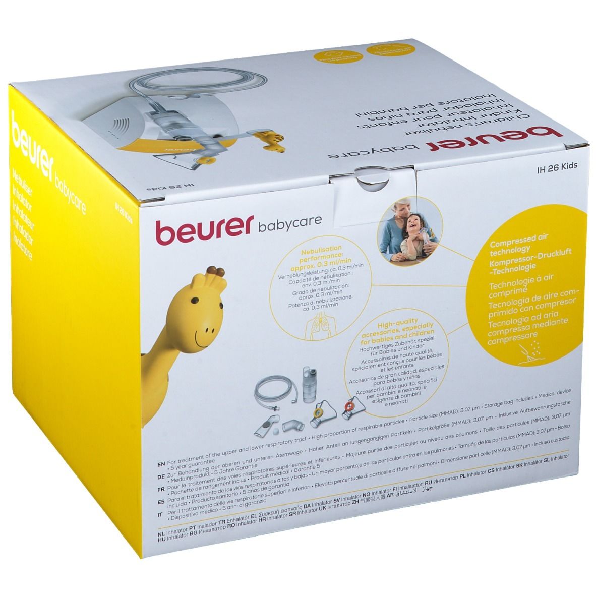 Scatola Beurer babycare. Inalatore per bambini. Testo: Inalazione efficace dal 1° mese. Accessori illustrati. Nome prodotto: IH 26 Kids.