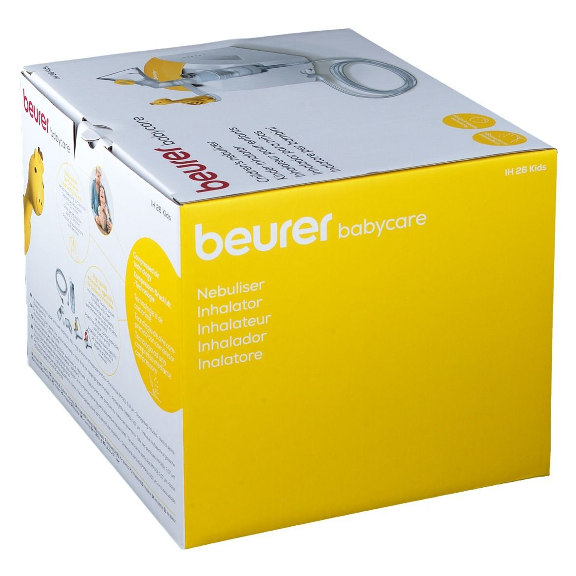 Scatola Beurer babycare. Inalatore per bambini. Testo: Nebuliser, Inhalator, Inhalateur, Inhalador, Inalatore. Nome prodotto: IH 26 Kids.