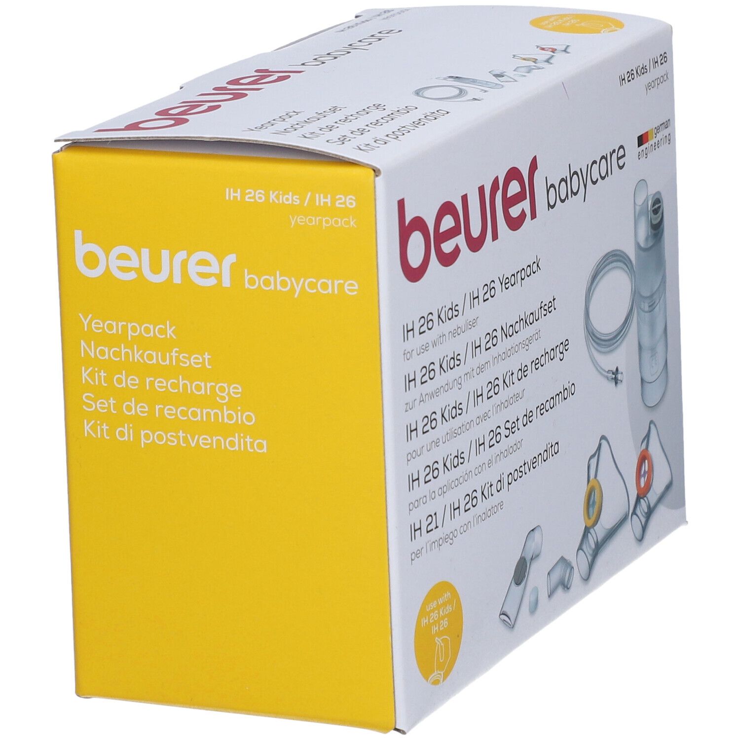 Kit di ricambio Beurer Babycare. Confezione bianca e gialla. Testi multilingue. Include accessori per inalazione.