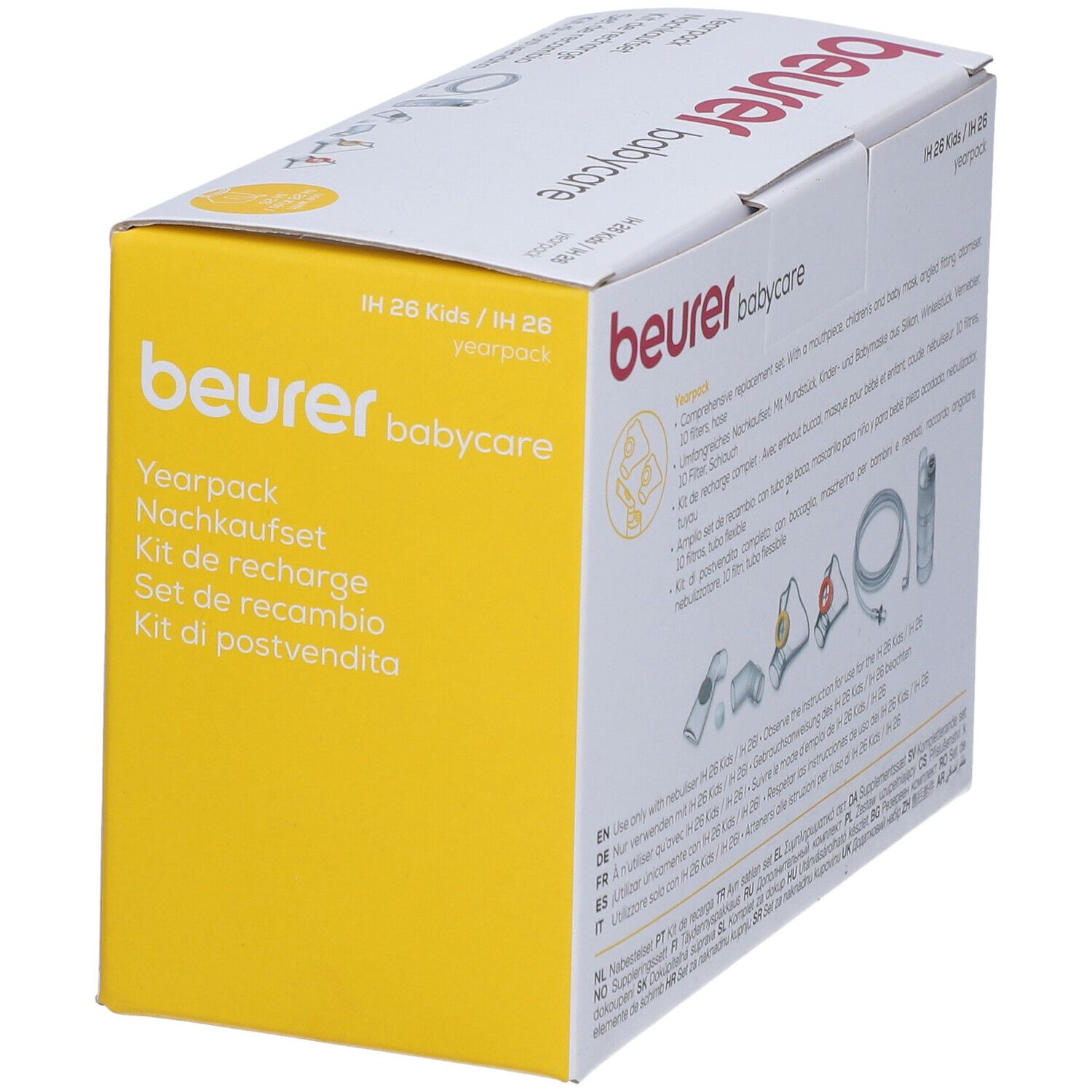 Kit di ricambio Beurer Babycare. Confezione bianca e gialla. Testi multilingue. Include accessori per inalazione.