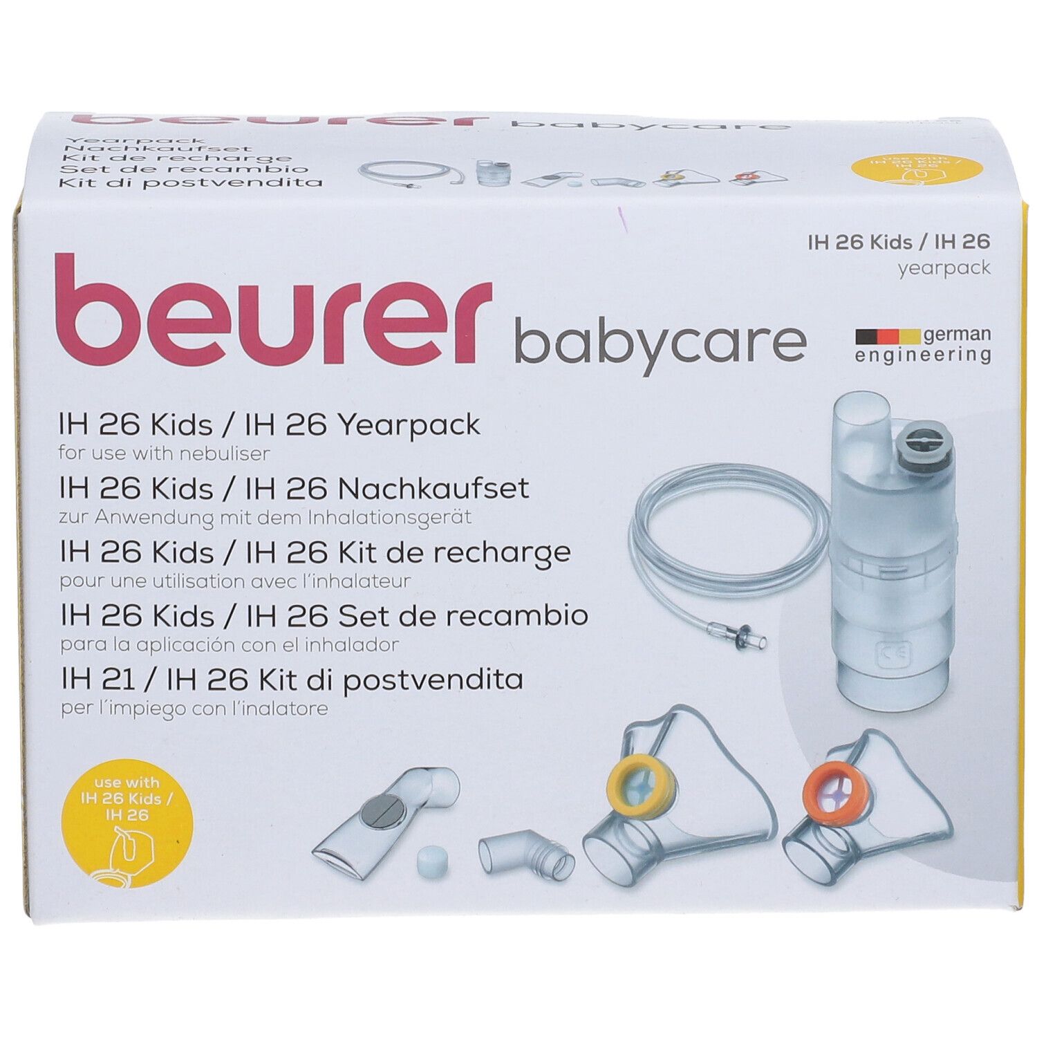 Kit di ricambio Beurer Babycare. Include accessori per inalazione. Confezione con immagini e testi multilingue.