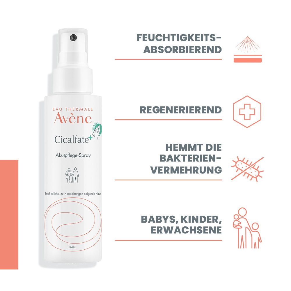 Flacone spray bianco. Testo: Cicalfate+ Akutpflege-Spray. Proprietà: assorbe l'umidità, rigenera. Per neonati, bambini, adulti.