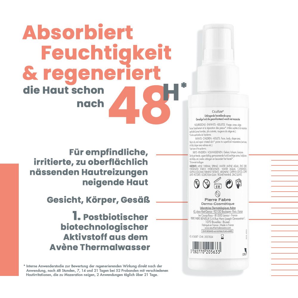 Retro del flacone spray bianco. Testo: Assorbe l'umidità & rigenera la pelle dopo 48H. Per pelli sensibili, irritate.
