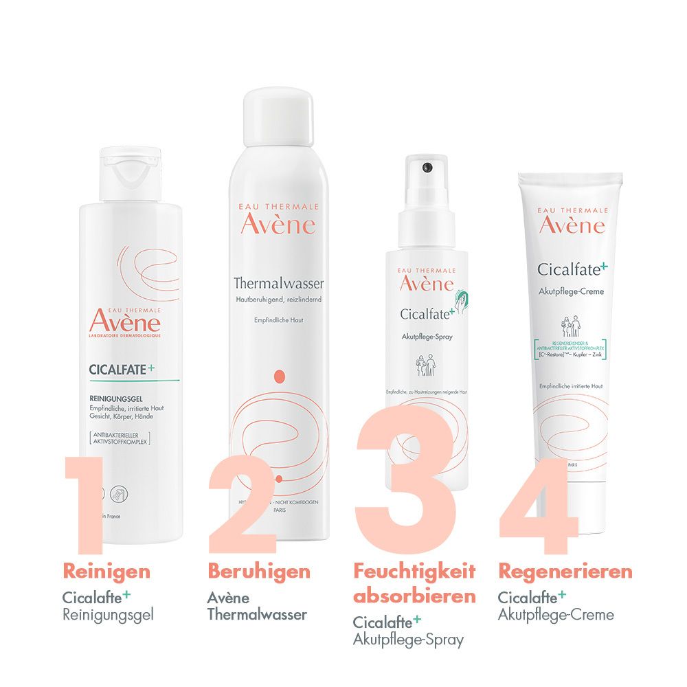 Quattro prodotti affiancati: gel detergente, acqua termale, Cicalfate+ spray, Cicalfate+ crema.