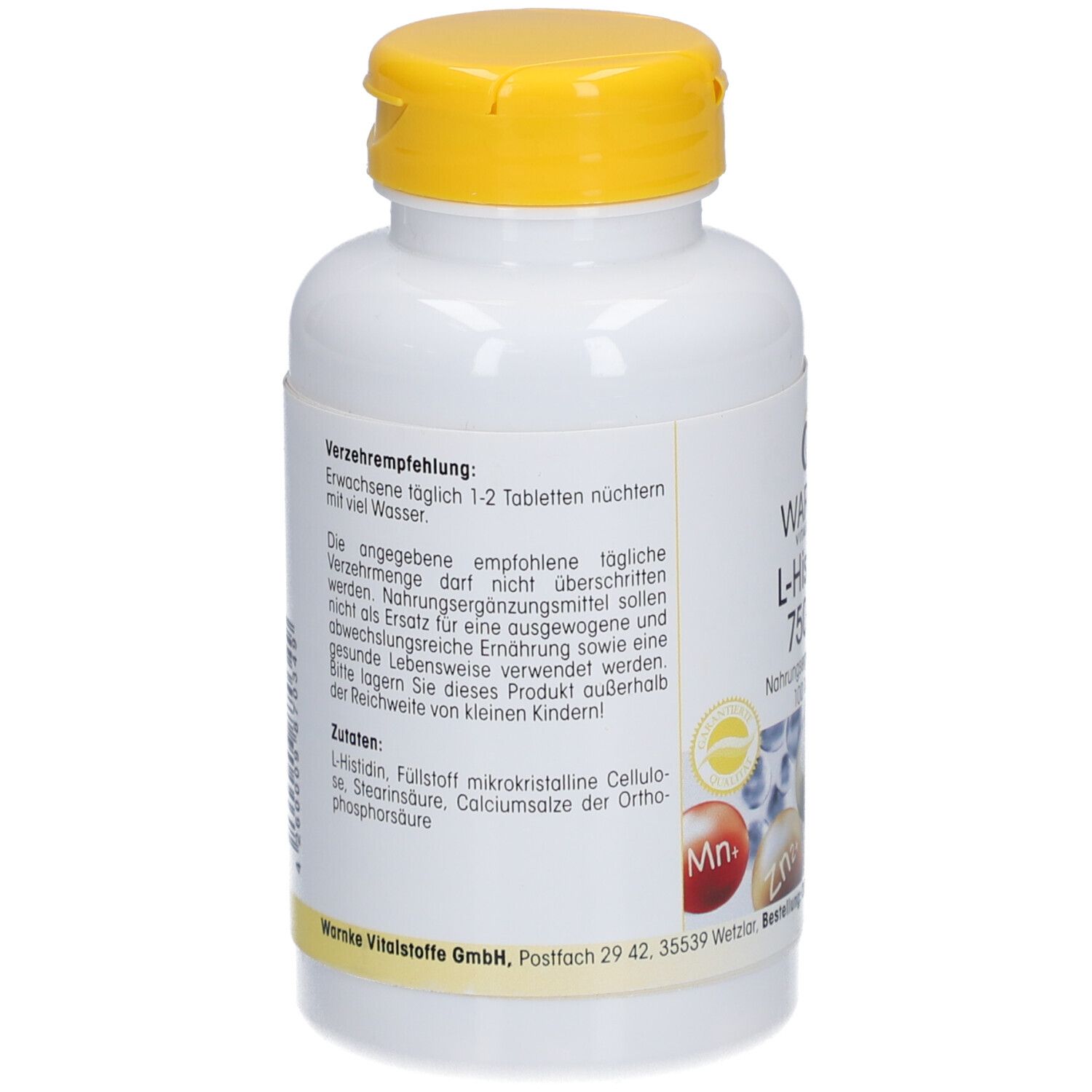 Retro di un flacone bianco con tappo giallo. Testo sulle raccomandazioni d'uso e ingredienti. Warnke Vitalstoffe GmbH.