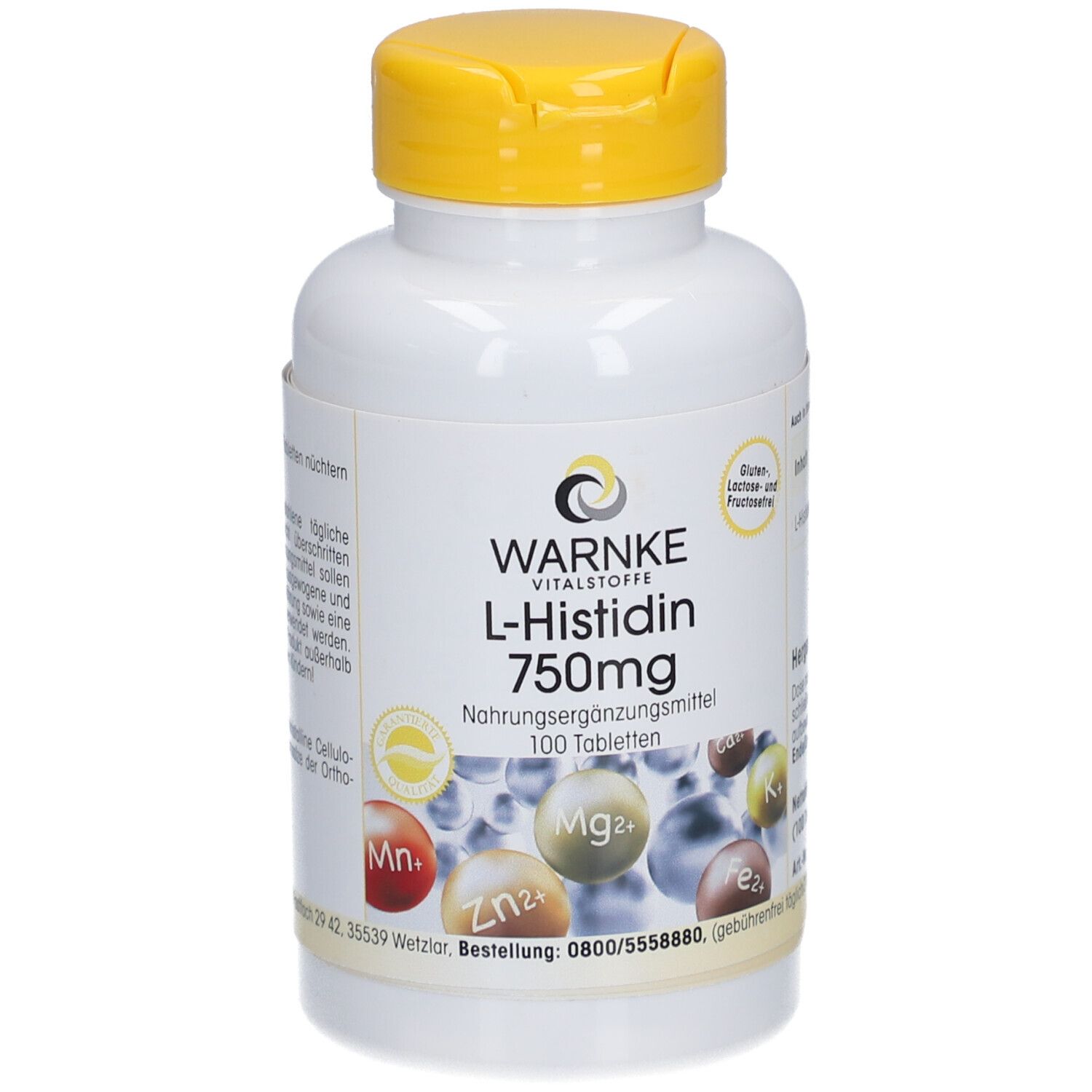 Flacone bianco con tappo giallo. Scritta: Warnke L-Istidina 750mg, 100 compresse. Illustrazioni di minerali.
