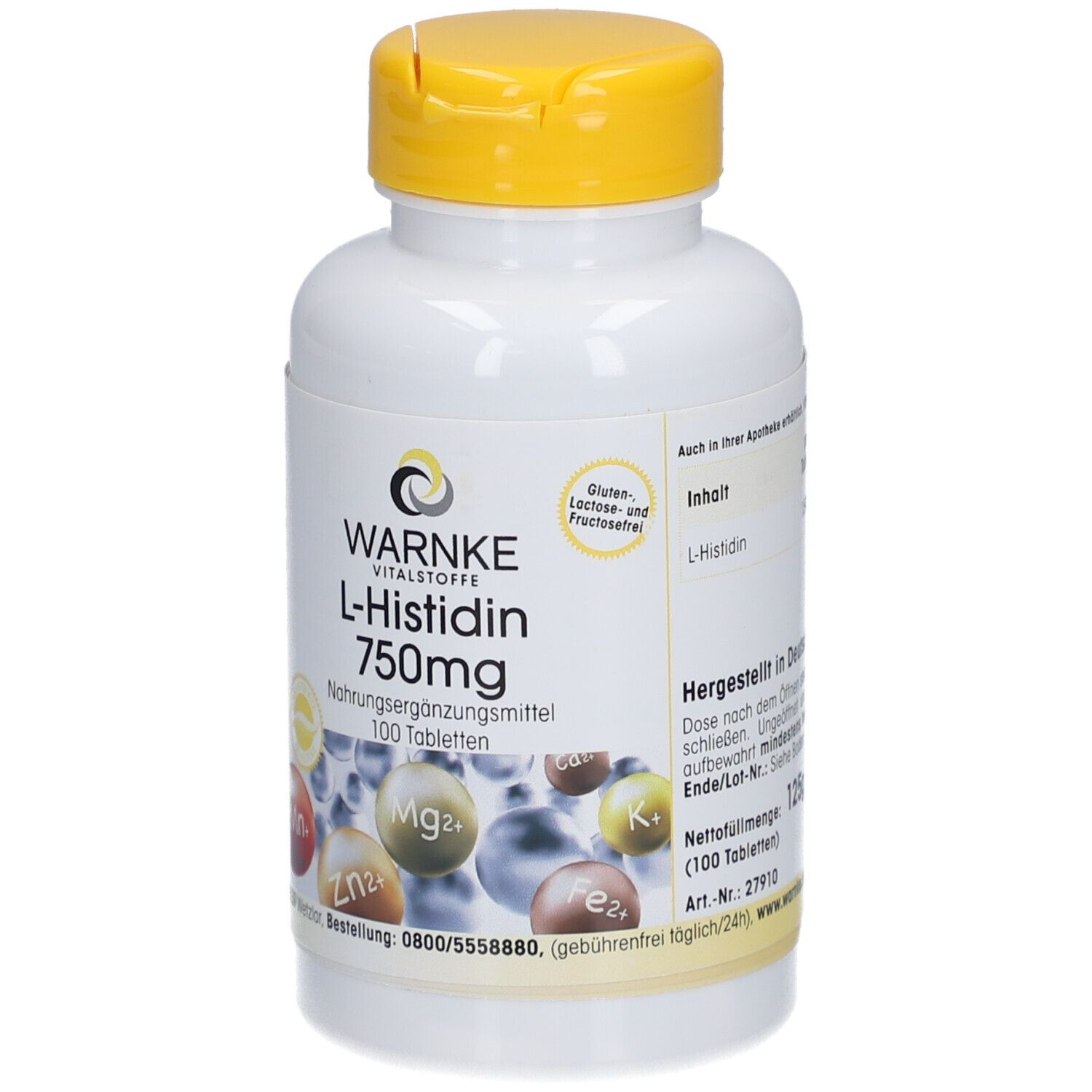 Flacone bianco con tappo giallo. Scritta: Warnke L-Istidina 750mg, 100 compresse. Illustrazioni di minerali.