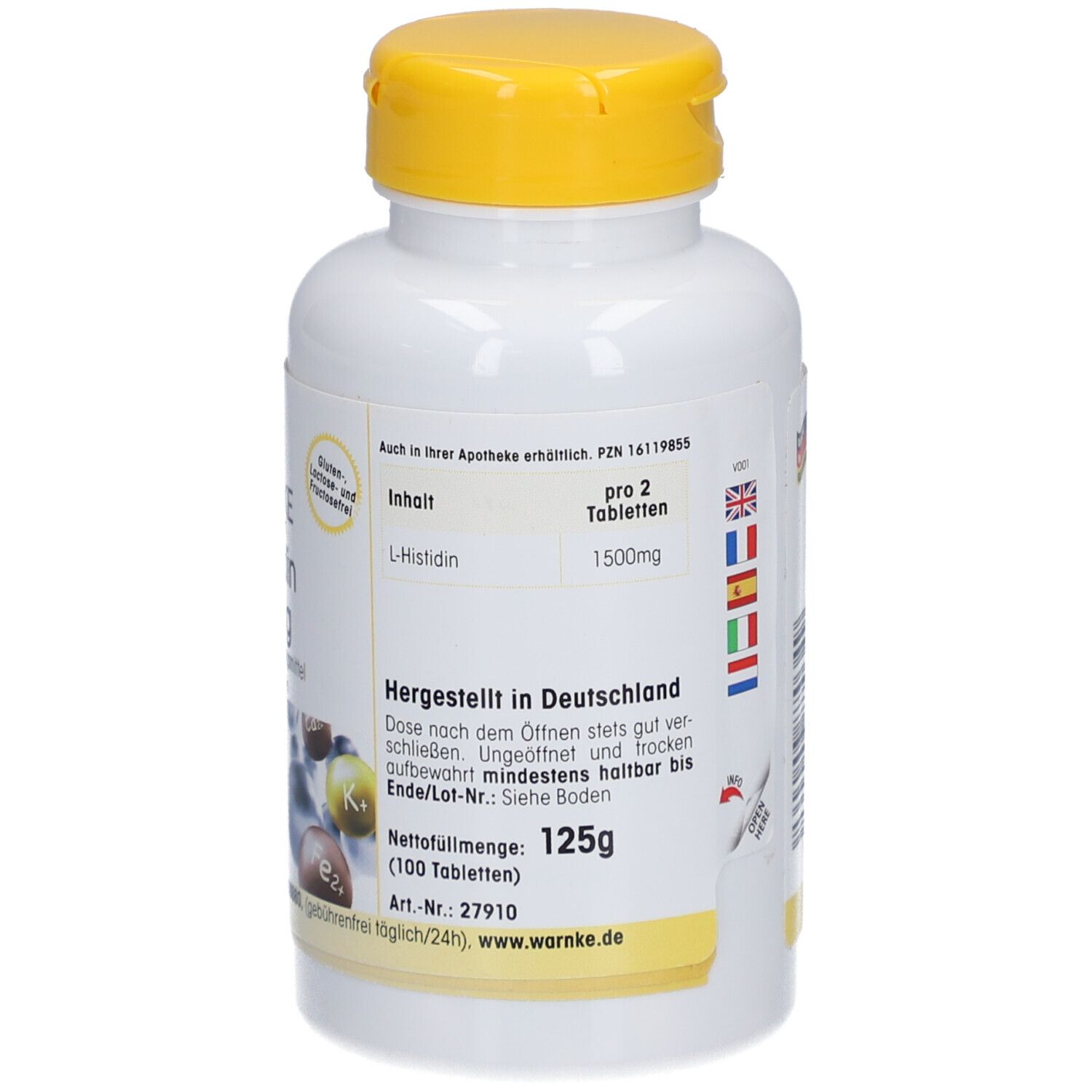 Retro di un flacone bianco con tappo giallo. Testo, composizione, peso netto 125g. Warnke.