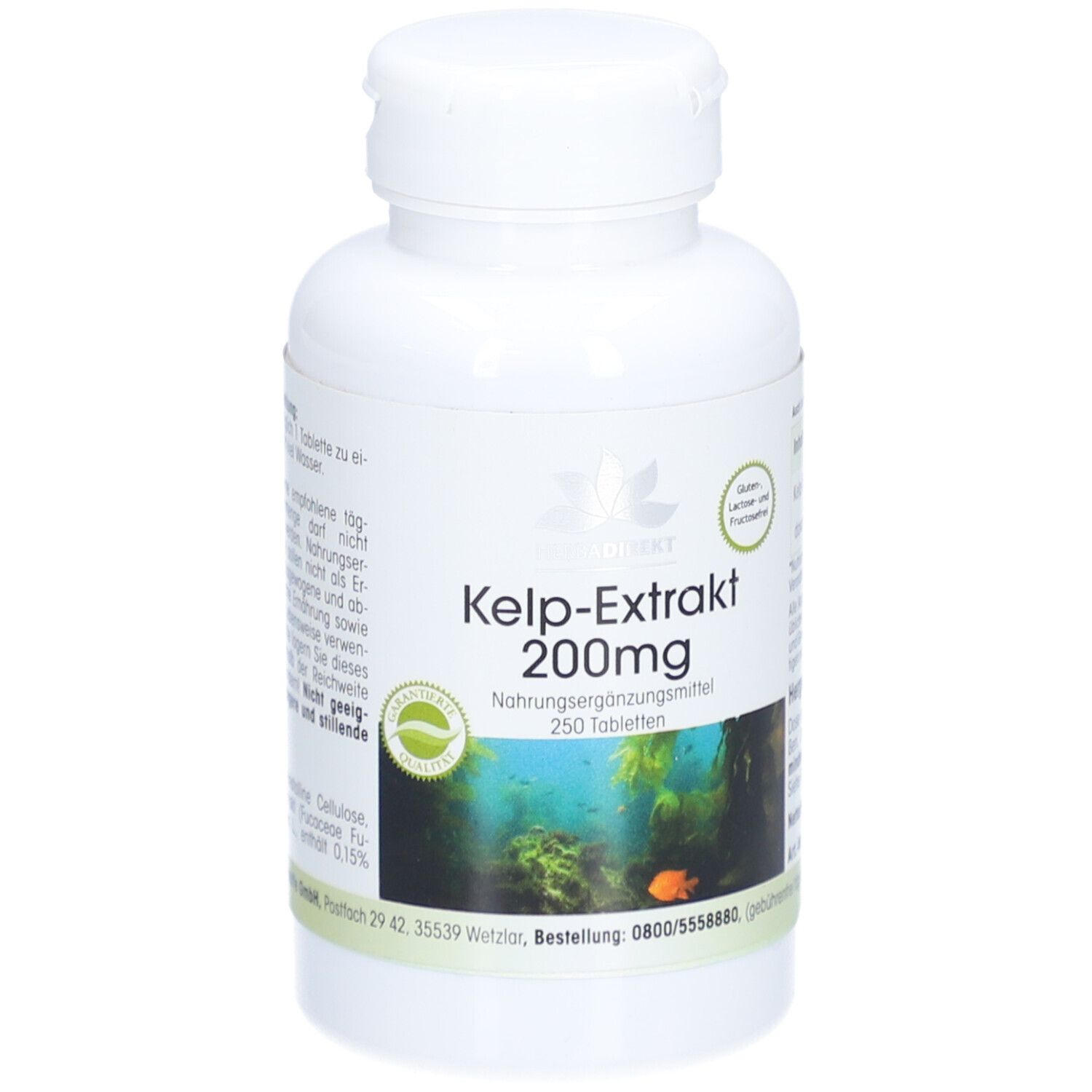 Flacone bianco con etichetta verde. Kelp-Extrakt 200mg, 250 compresse. Motivo sottomarino e logo.