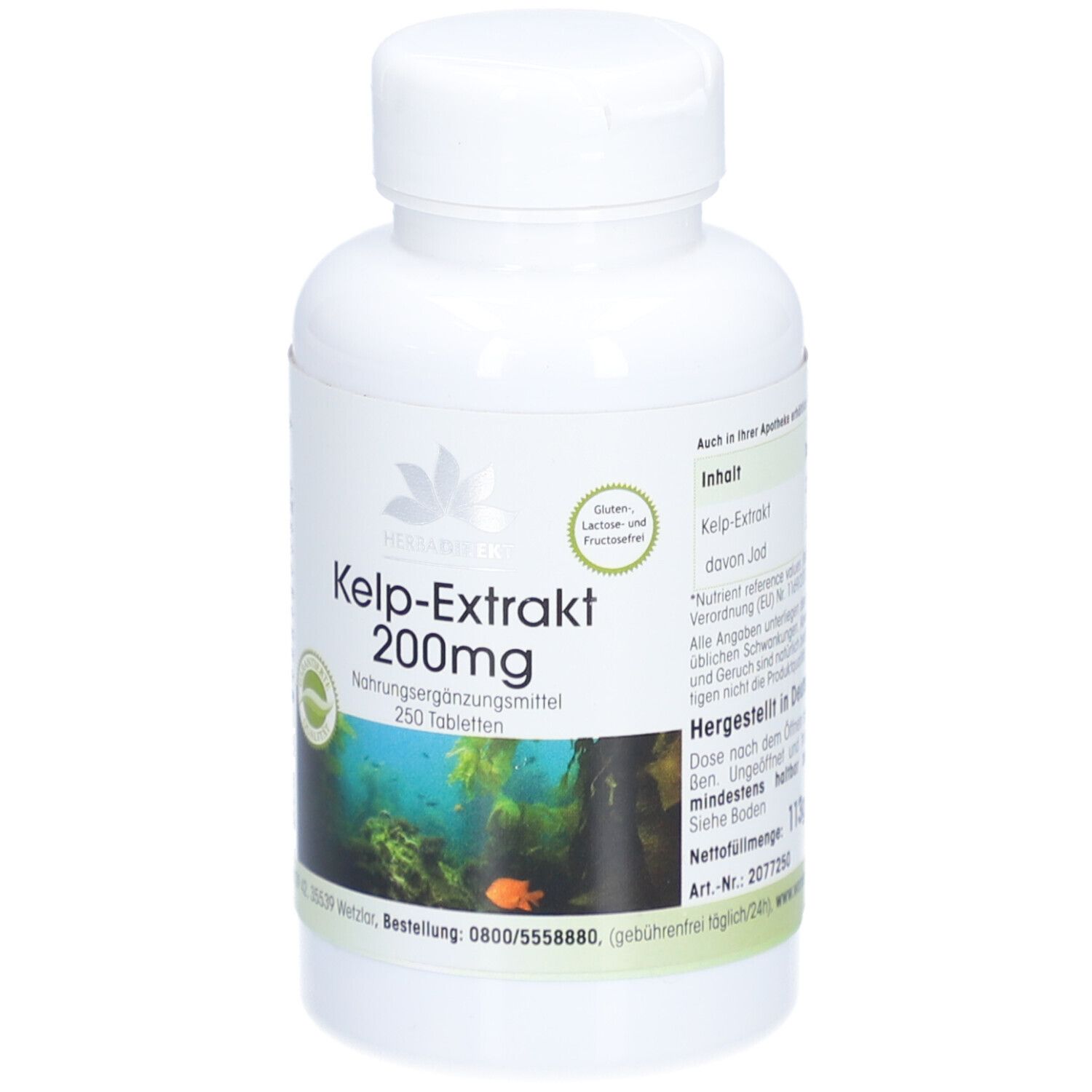 Flacone bianco con etichetta verde. Kelp-Extrakt 200mg, 250 compresse. Motivo sottomarino e logo.