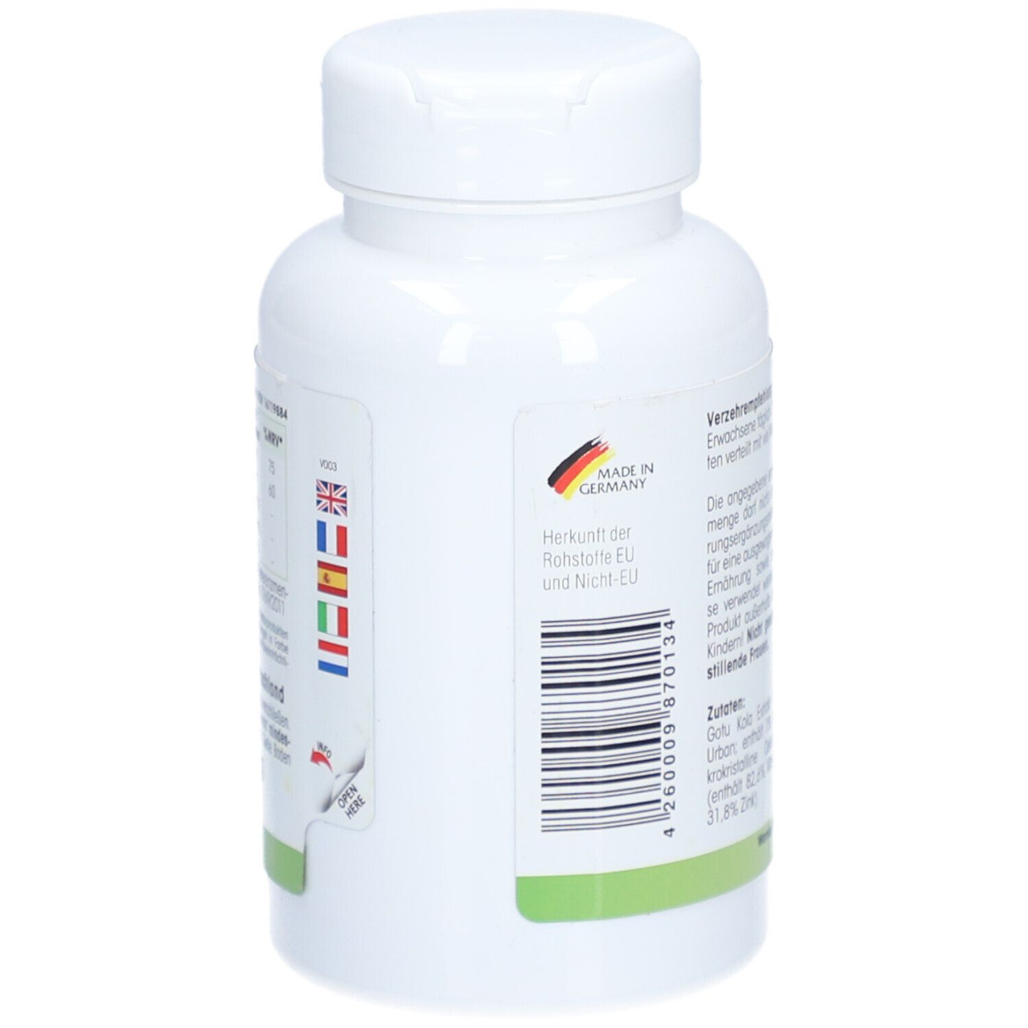 Flacone bianco con codice a barre e indicazione del paese di origine: Made in Germany. Bandiere multilingue.