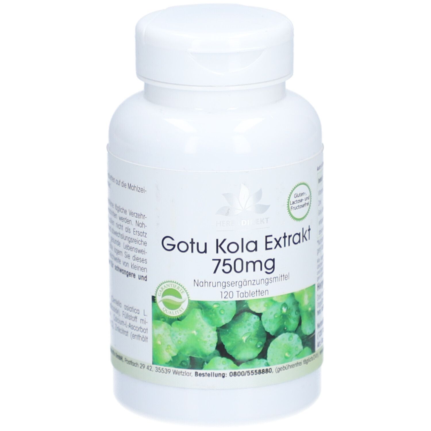 Flacone bianco con etichetta verde. Gotu Kola Extrakt, 750mg, 120 compresse. Senza glutine e lattosio.