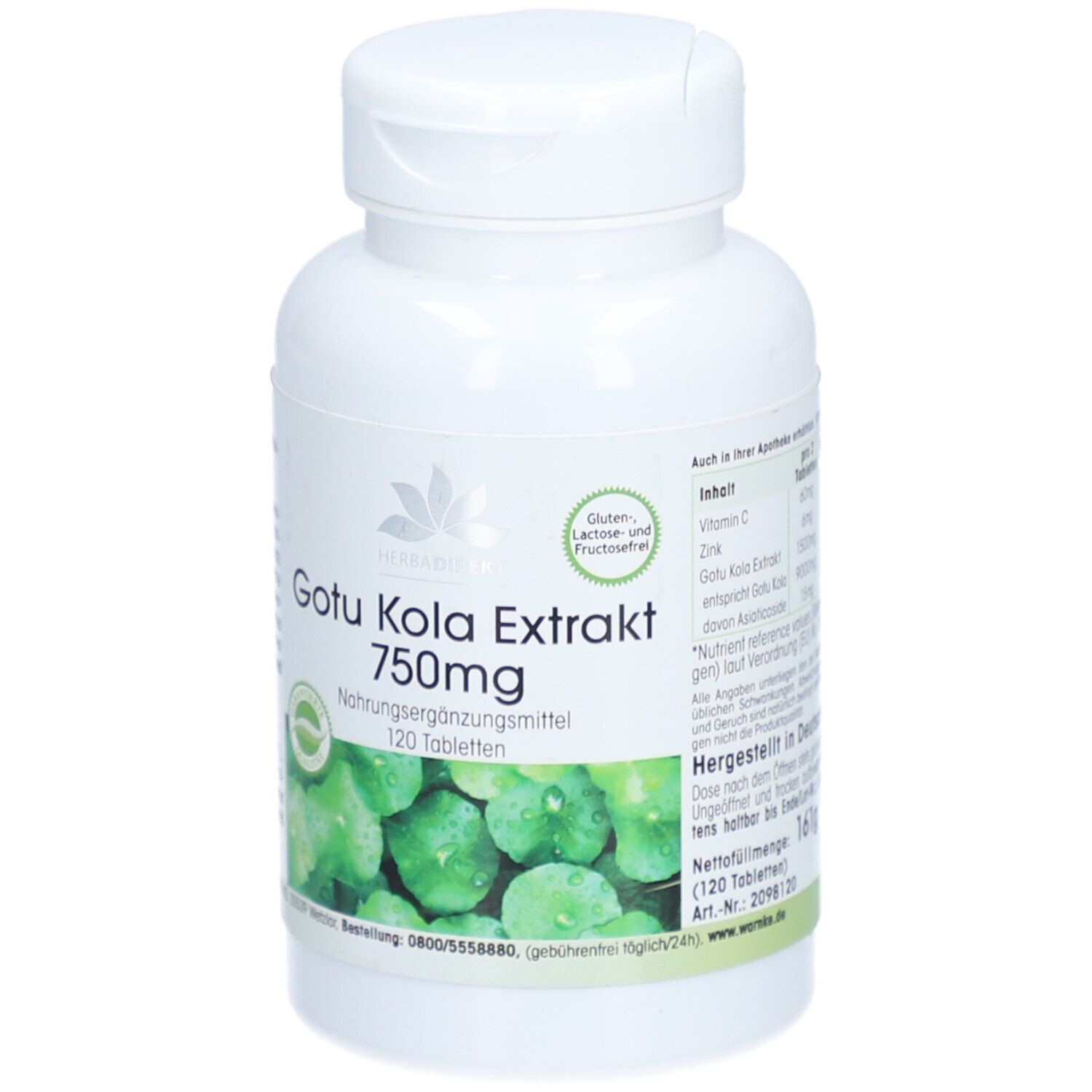 Flacone bianco con etichetta verde. Gotu Kola Extrakt, 750mg, 120 compresse. Senza glutine e lattosio.