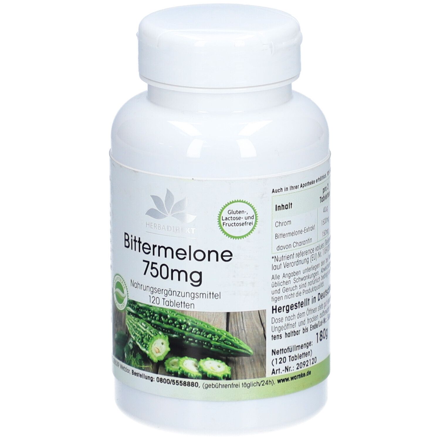 Flacone di compresse bianco con etichetta verde. Scritta: Bittermelone 750mg, 120 compresse. Senza glutine e lattosio.
