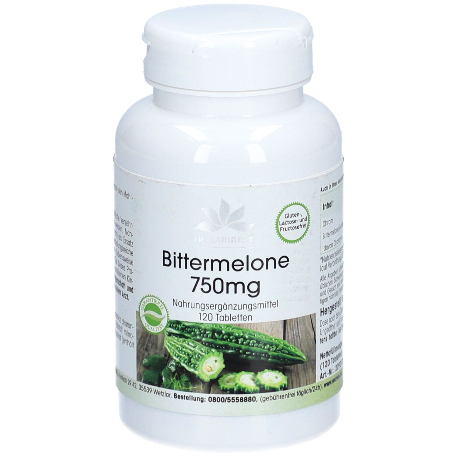 Flacone di compresse bianco con etichetta verde. Scritta: Bittermelone 750mg, 120 compresse. Senza glutine e lattosio.