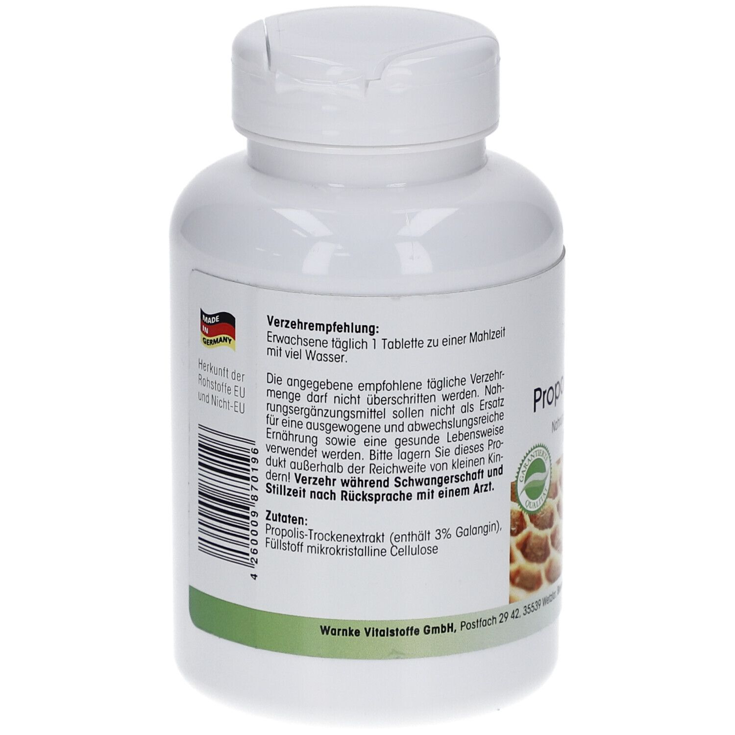 Retro del flacone bianco. Testo: Raccomandazioni per l'uso. Ingredienti. Prodotto in Germania. Codice a barre.