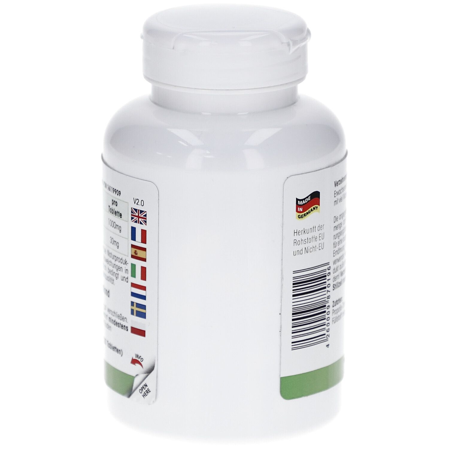 Flacone bianco. Lato con bandiere e testo: Origine delle materie prime UE ed extra UE. Codice a barre.