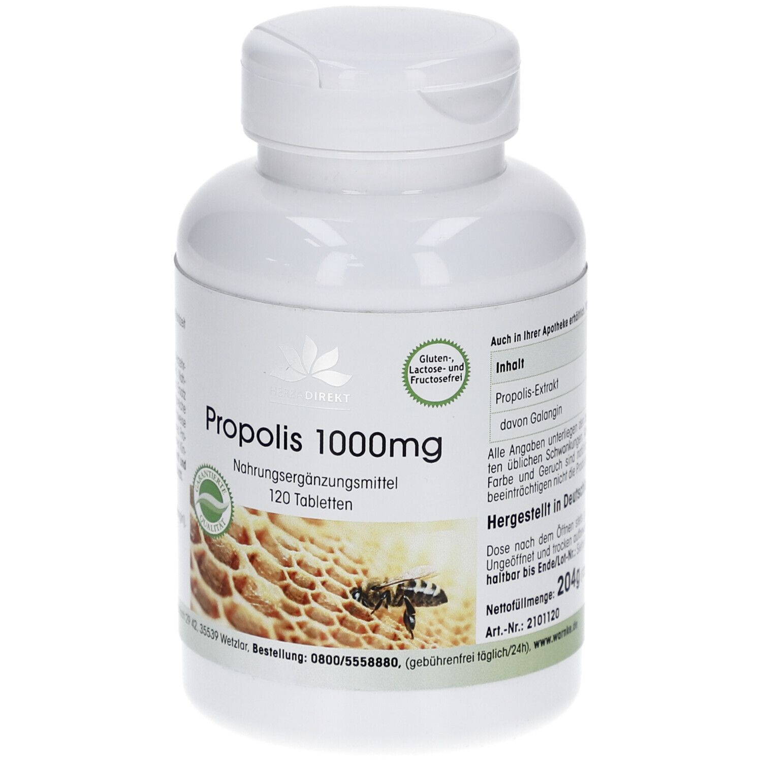 Flacone bianco PROPOLIS 1000mg. Scritta: 120 compresse. Immagine di favo con ape. Sigillo.
