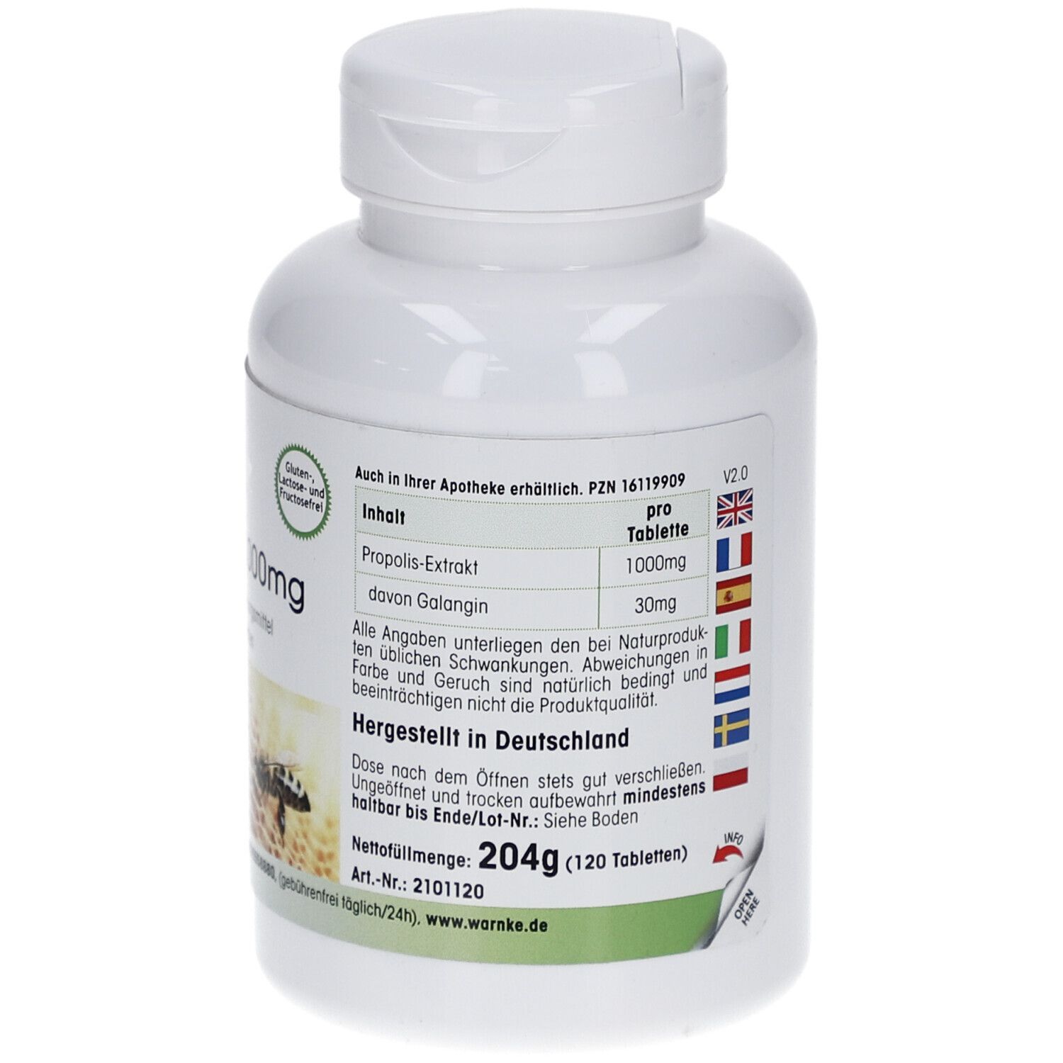 Flacone bianco PROPOLIS 1000mg. Scritta: 120 compresse. Composizione. Prodotto in Germania.