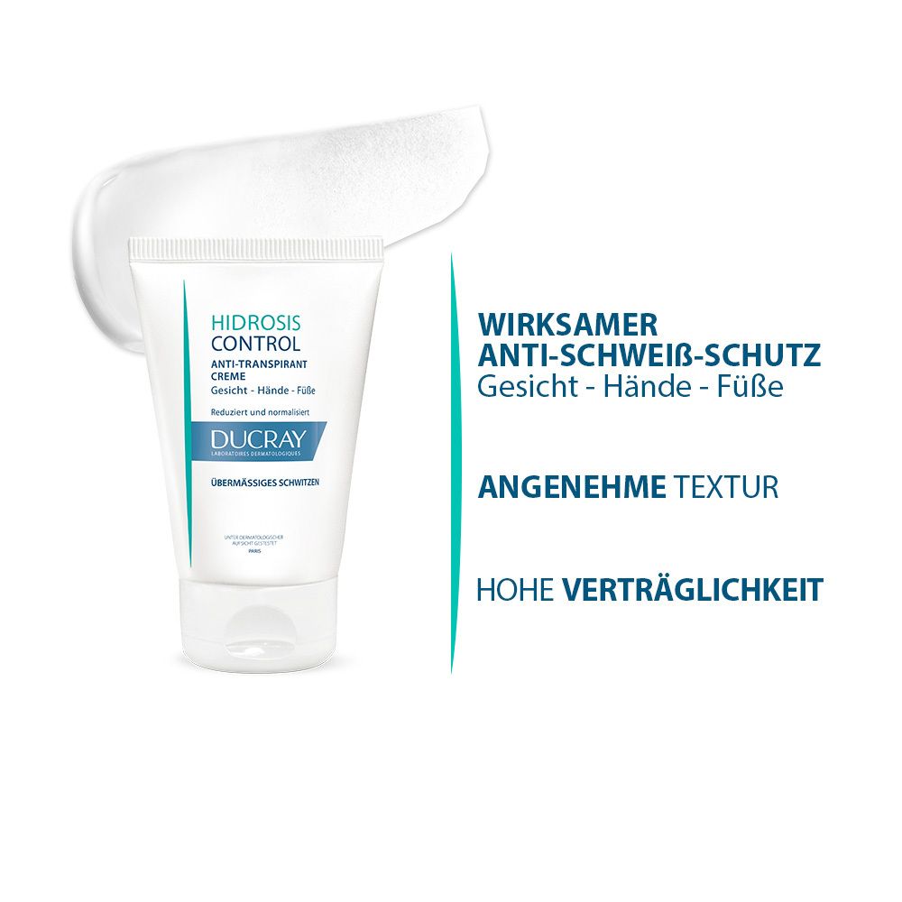 Tubo di crema anti-traspirante Ducray Hidrosis Control con texture crema bianca. Efficace protezione anti-traspirante per viso, mani, piedi.
