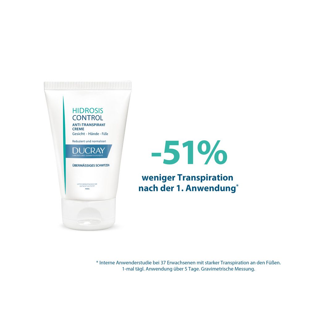 Tubo di crema antitraspirante Ducray Hidrosis Control con testina spray.