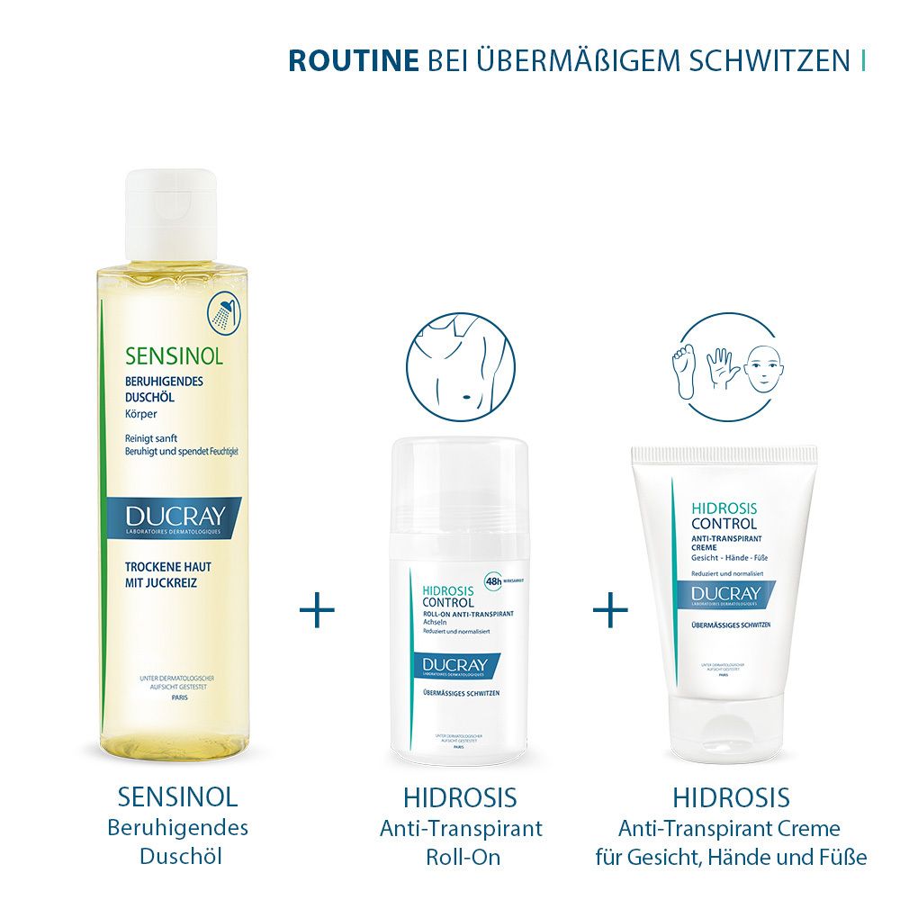 Ducray Sensinol Olio Doccia, Roll-On Hidrosis Control e Crema Hidrosis Control.