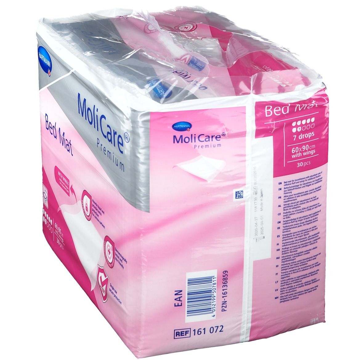 Confezione MoliCare Premium Bed Mat. Design rosa e bianco con informazioni sul prodotto e logo. 60x90 cm, 30 pezzi, con alette. Codice EAN e riferimento.