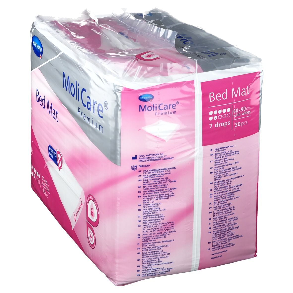 Confezione MoliCare Premium Bed Mat. Design rosa e bianco con informazioni sul prodotto e logo. 60x90 cm, 30 pezzi, con alette. Informazioni multilingue sul prodotto.
