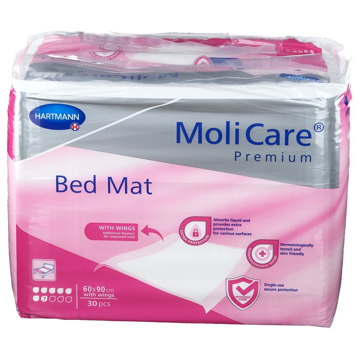 Confezione MoliCare Premium Bed Mat. Design rosa e bianco con informazioni sul prodotto e logo. 60x90 cm, 30 pezzi, con alette. Dermatologicamente testato.
