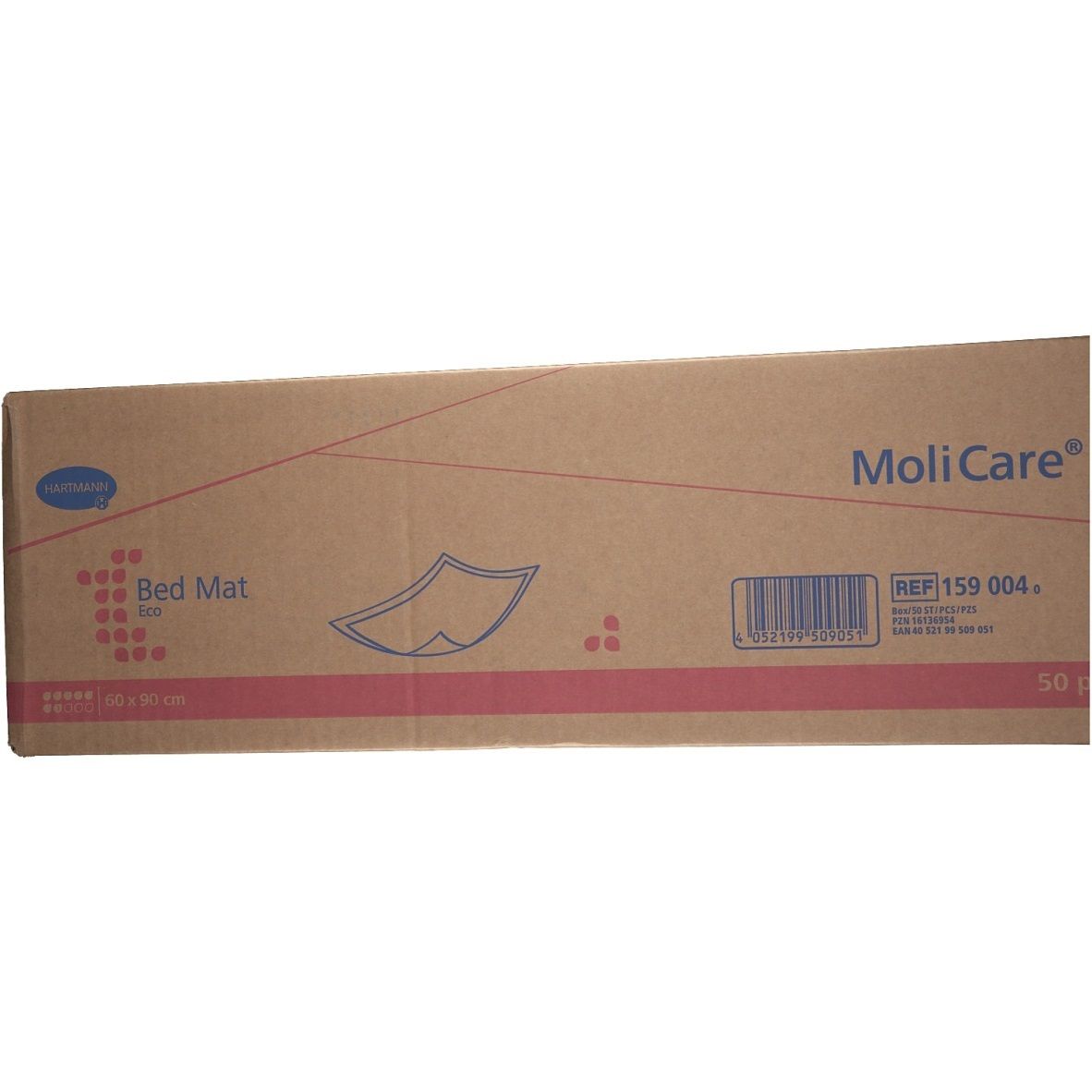 Confezione in cartone. MoliCare Bed Mat. Informazioni sul prodotto e codice a barre. Colore marrone. 50 pezzi.