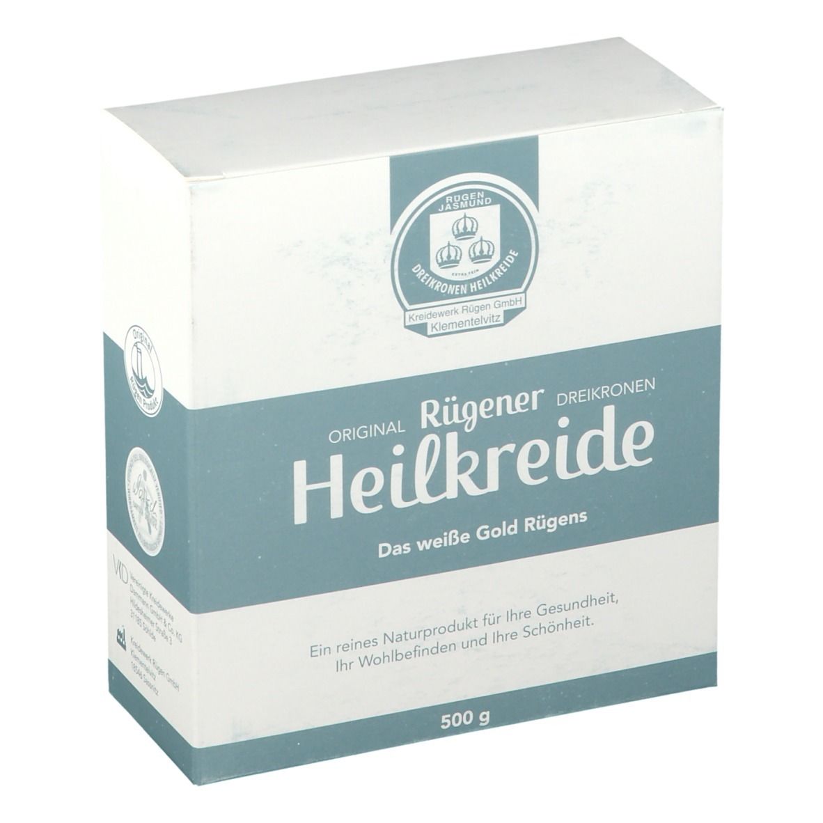 Scatola bianca con nome e logo del prodotto. Testo: Original Rügener Dreikronen Heilkreide. 500 g.