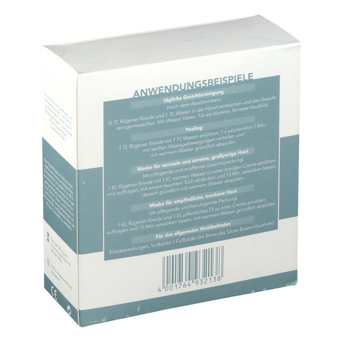 Scatola bianca con esempi di applicazione. Testo: Anwendungbeispiele. Codice a barre.