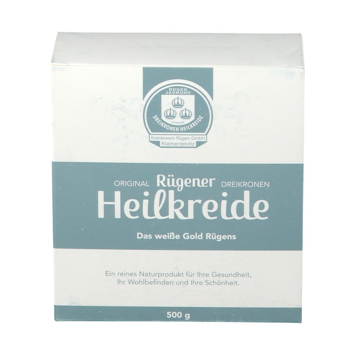 Scatola bianca con nome e logo del prodotto. Testo: Original Rügener Dreikronen Heilkreide. 500 g.
