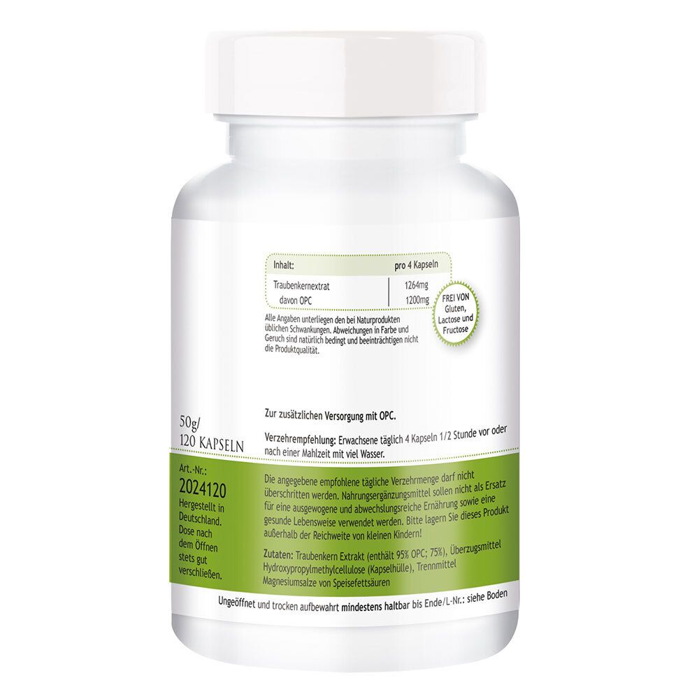 Retro del flacone bianco. Informazioni sugli ingredienti e raccomandazioni per l'uso. Senza glutine, lattosio e fruttosio. 120 capsule.