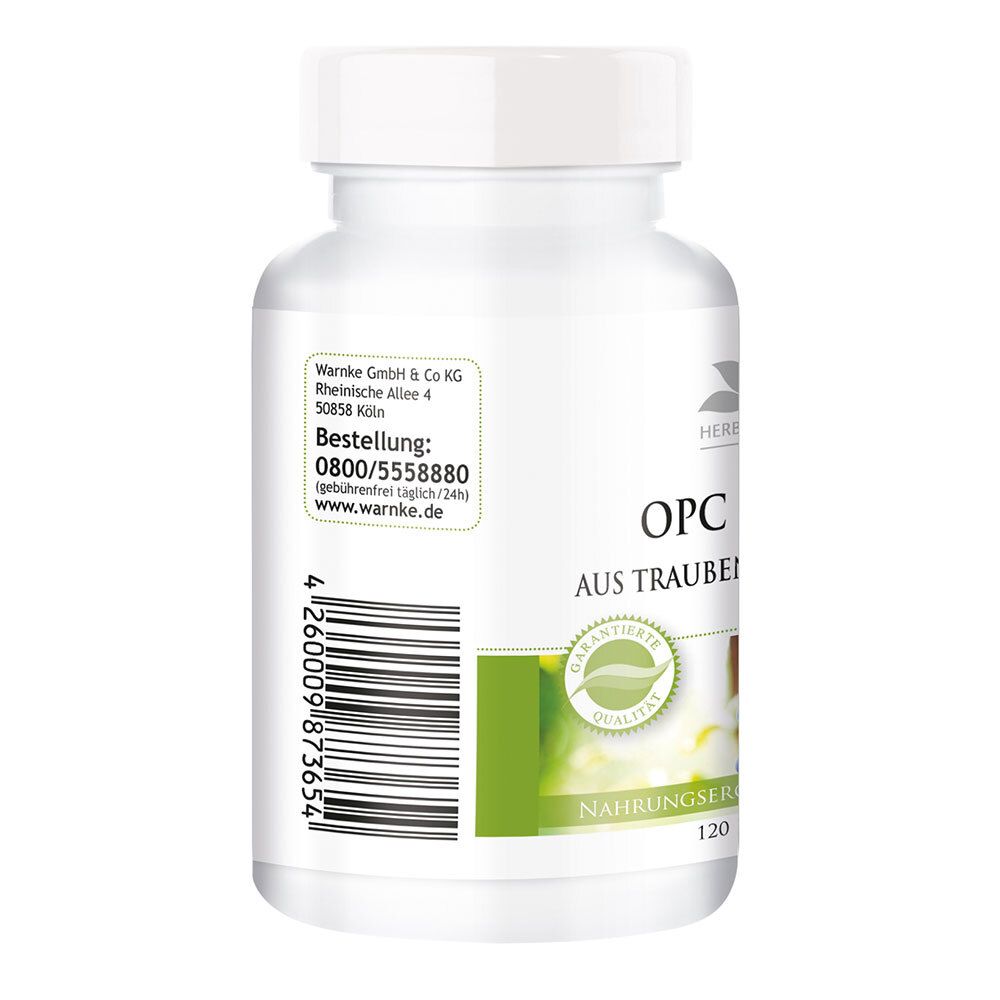 Retro del flacone bianco. Informazioni sul produttore e codice a barre. Sigillo: qualità garantita. 120 capsule.