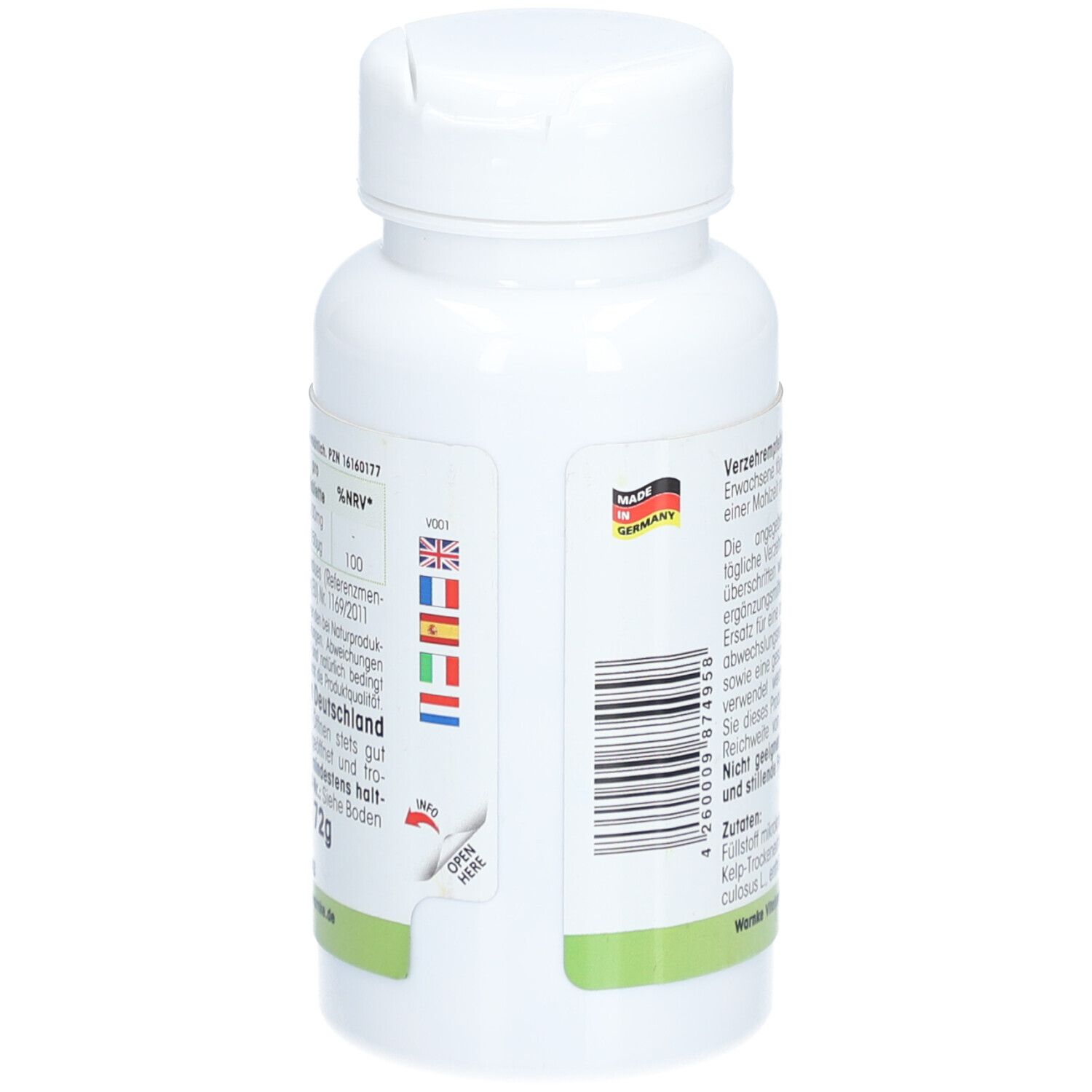 Flacone bianco con testo e bandiere. Logo 'Made in Germany'. Istruzioni di apertura su etichetta verde.