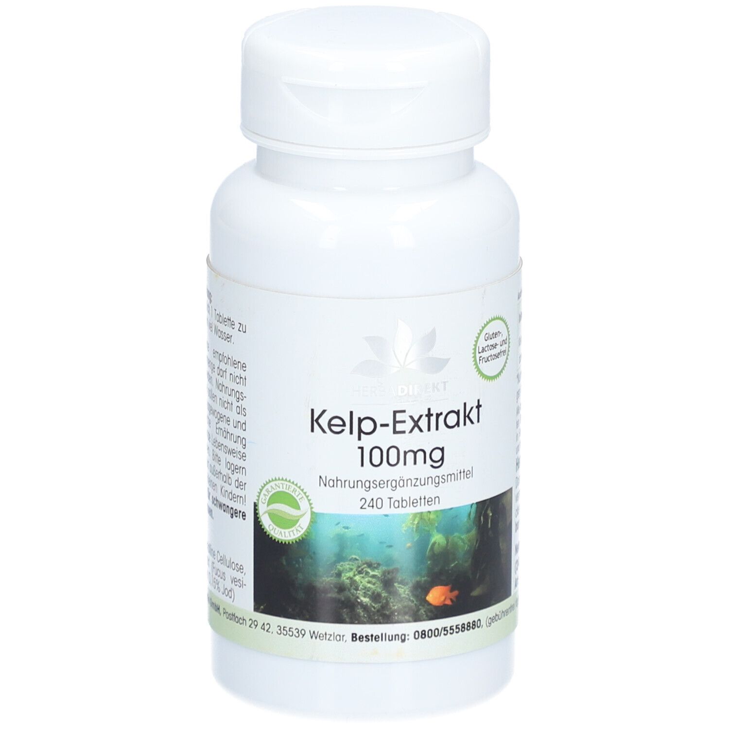 Flacone bianco di KELP-EXTRAKT 100mg Tabletten. 240 compresse. Etichetta verde con motivo subacqueo e logo.
