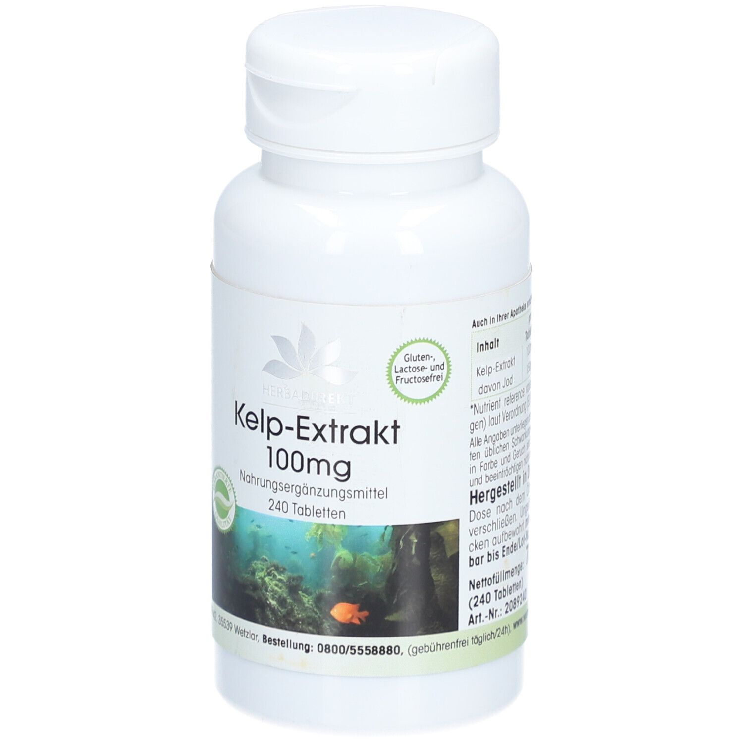 Flacone bianco di KELP-EXTRAKT 100mg Tabletten. 240 compresse. Etichetta verde con testo e logo. Senza glutine, lattosio e fruttosio.